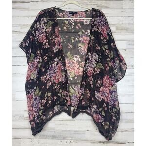 Womens Floral Kimono S Black Sheer Open Front Crochet Trim Fits S-M-L